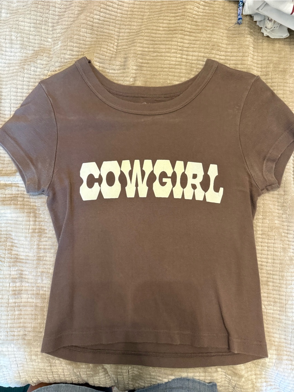 Brandy Melville Brown Tee with White "COWGIRL" Graphic